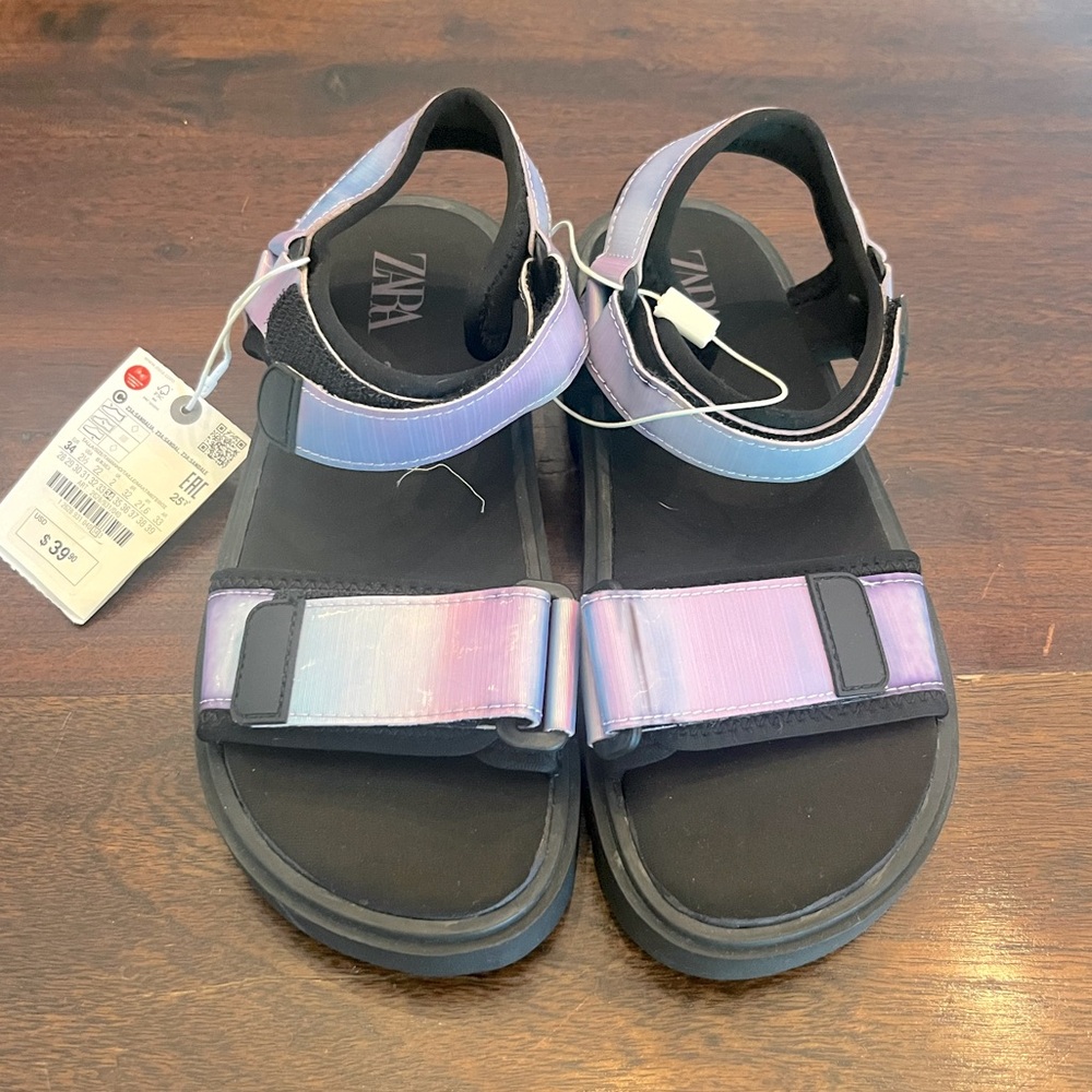 ZARA girls Iridescent Blue and Purple Sandals. Velcro straps. Size 2.5.
